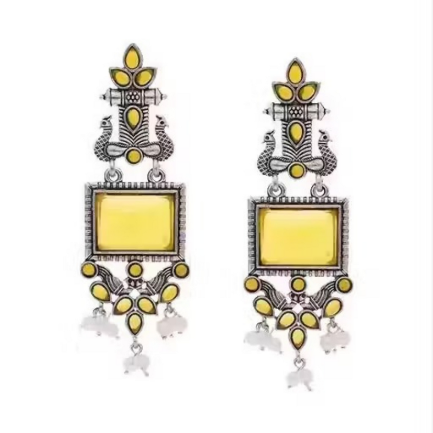 Oxidized silver pearl drop earrings displayed on a white background