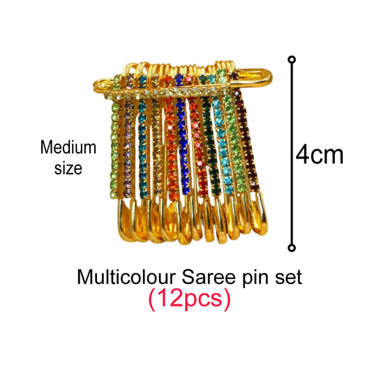 Front view of sparkling multicolor stone gold plated saree pin