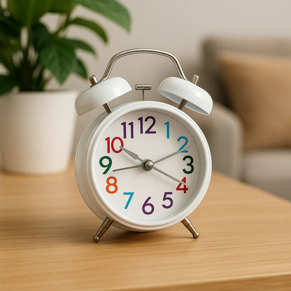 White Twin Bell Alarm Clock – Retro Loud Desk Clock with Multicolor Numbers