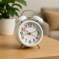 White Twin Bell Alarm Clock – Retro Loud Desk Clock with Multicolor Numbers
