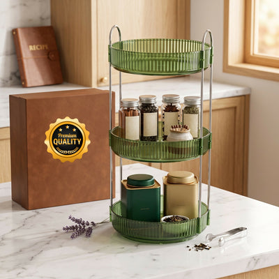 3 Layer Rotating Organizer Rack with Handles for Kitchen Pantry & Home Storage Stand