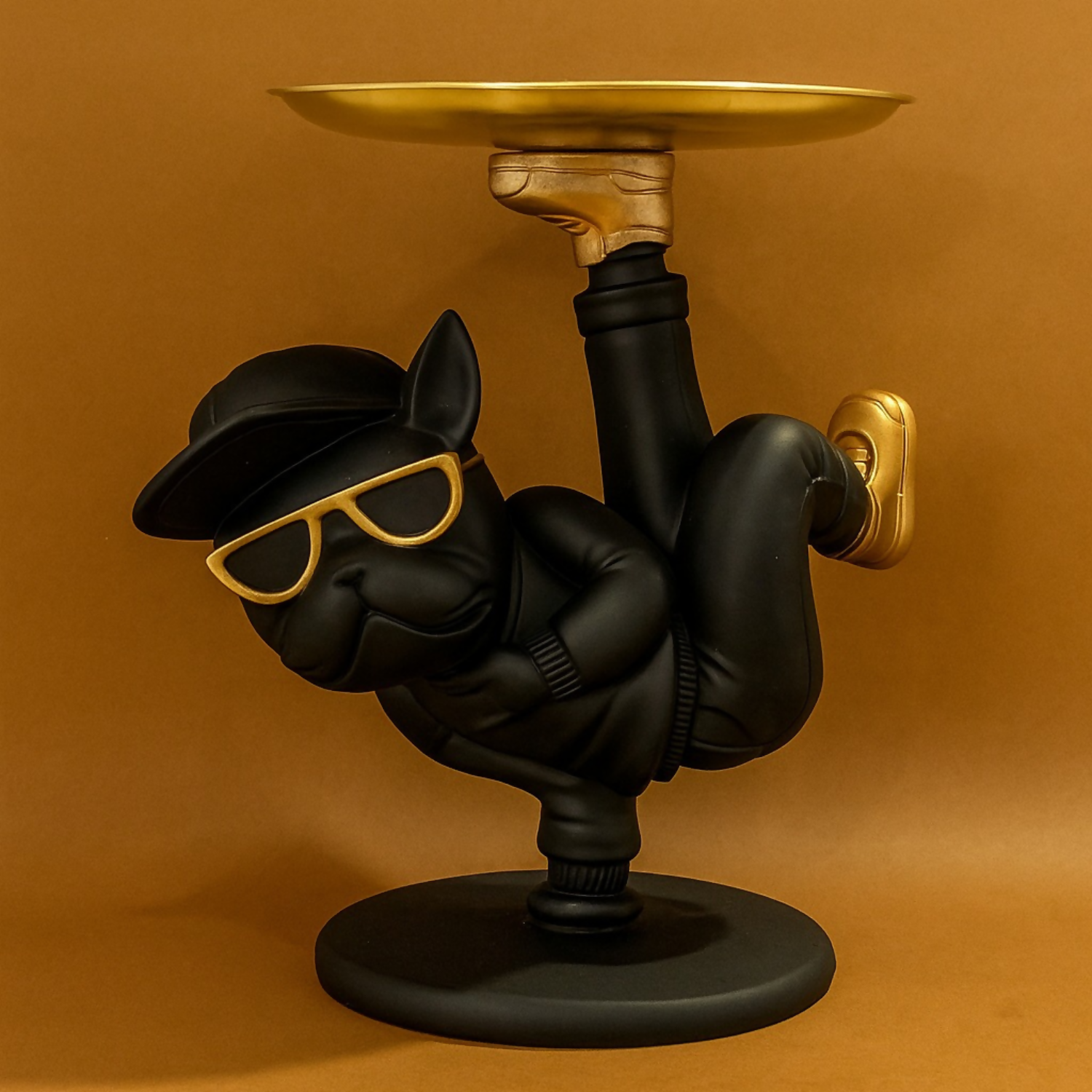Luxury Black & Gold Bulldog Figurine with Upside-Down Tray – Modern Resin Dog Showpiece in Breakdance Pose – Funky Decorative Tray Stand for Keys, Coins & Snacks – Stylish Home & Office Décor Gift