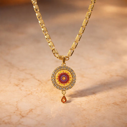 Gold Pendant Necklace with Mandala Design & Stone Detailing