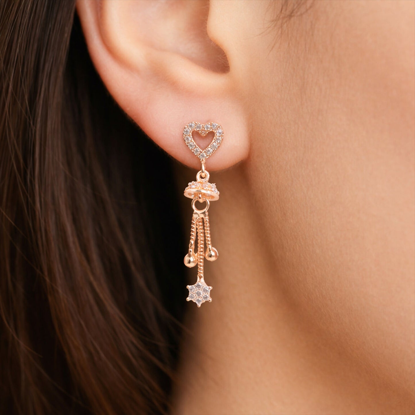 Rose gold heart tassel drop earrings with crystal accents and star charm