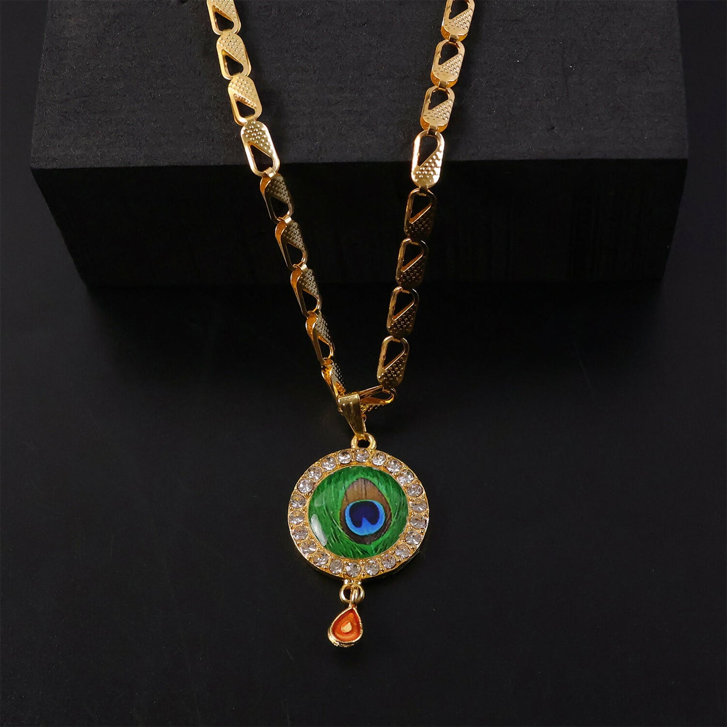 Peacock Feather Stone Pendant Gold Chain Necklace