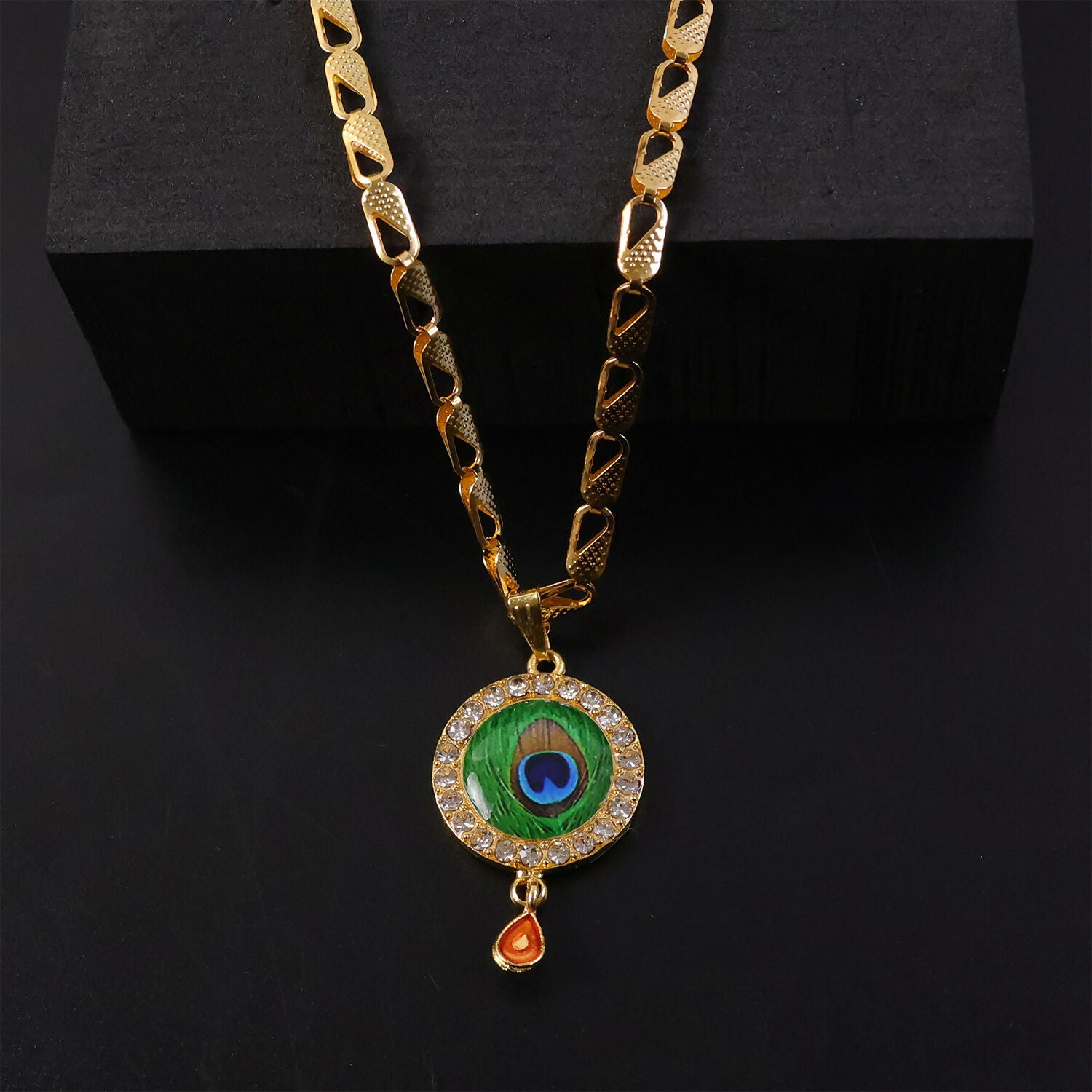 Peacock Feather Stone Pendant Gold Chain Necklace