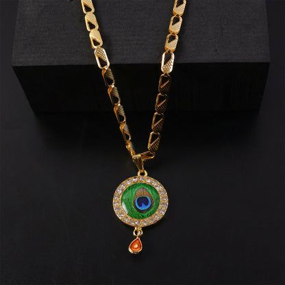 Peacock Feather Stone Pendant Gold Chain Necklace