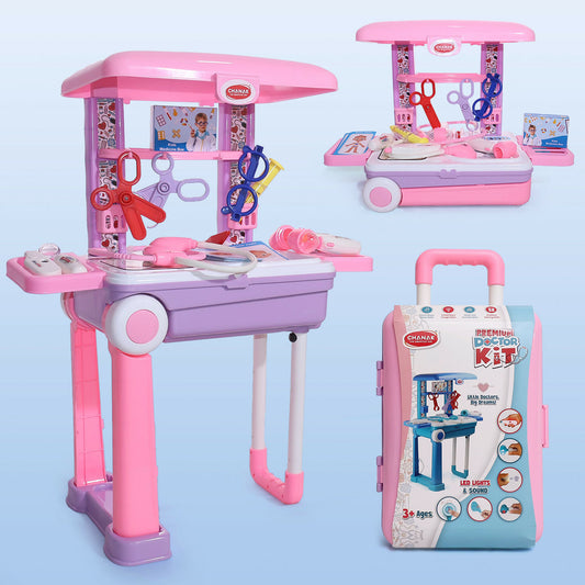Premium Doctor Set with Pull & Push Trolley for Kids,Doctor Set with LED Light Instruments, 13 Piece Doctor Kit, BIS Approved (Pink)