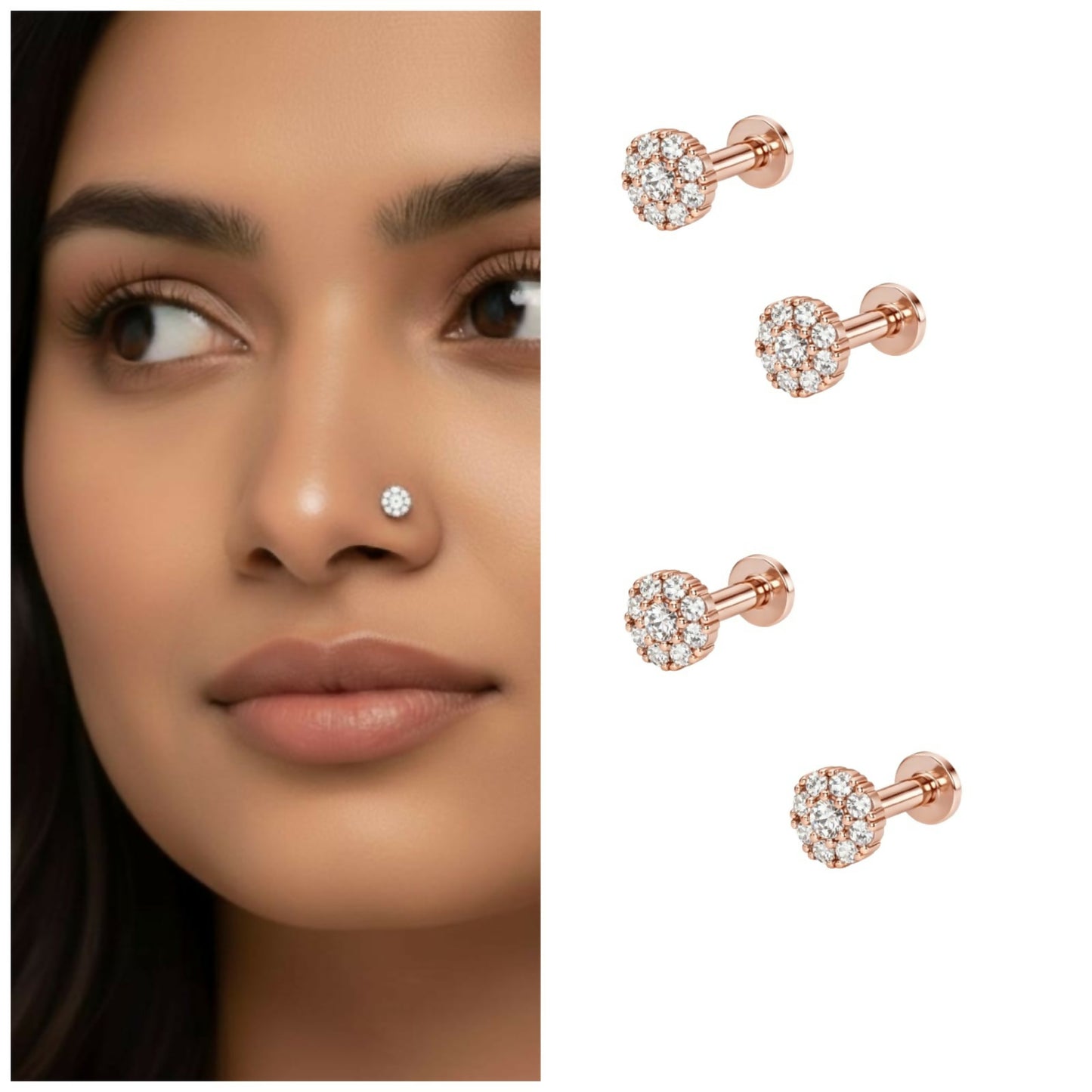 Rose Gold Plated Sparkling Diamond-Style Cluster Nose Pin for women and girls Combo Pack of 4