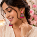 Pink Butterfly Jhumka Earrings, Silver-Tone Filigree Dome with Beaded Drop Charms