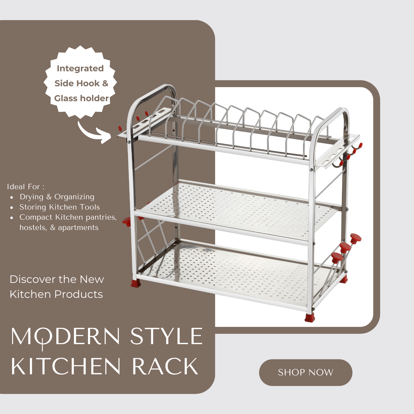 Regular Stainless Steel 18 x 18 Dish Rack | 2-Tier Kitchen Utensil Drainer | Plate Stand with Cutlery & Glass Holders