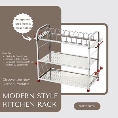 Regular Stainless Steel 18 x 18 Dish Rack | 2-Tier Kitchen Utensil Drainer | Plate Stand with Cutlery & Glass Holders
