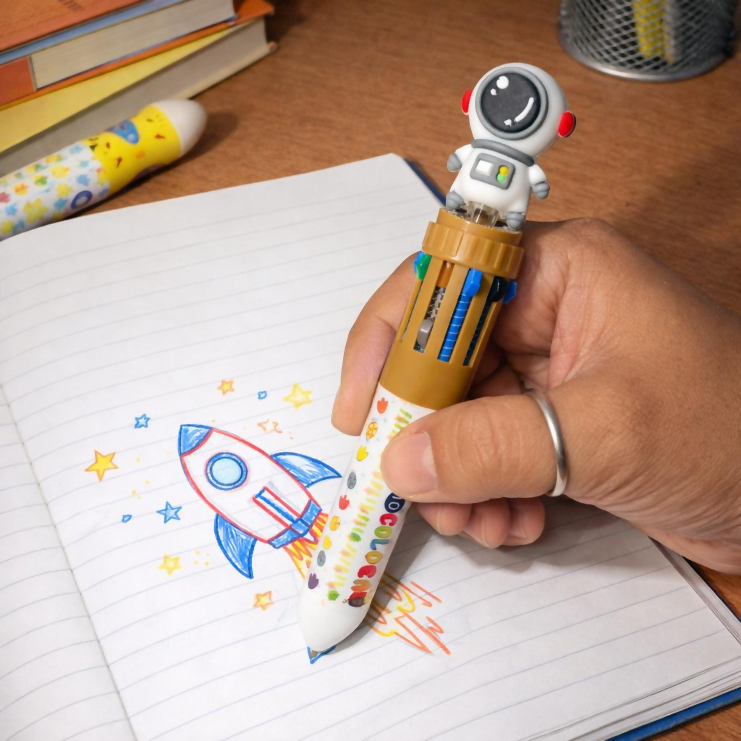 10-in-1 Multicolor Pen for Kids Astronaut Design Red Brown Color (SET OF 2)