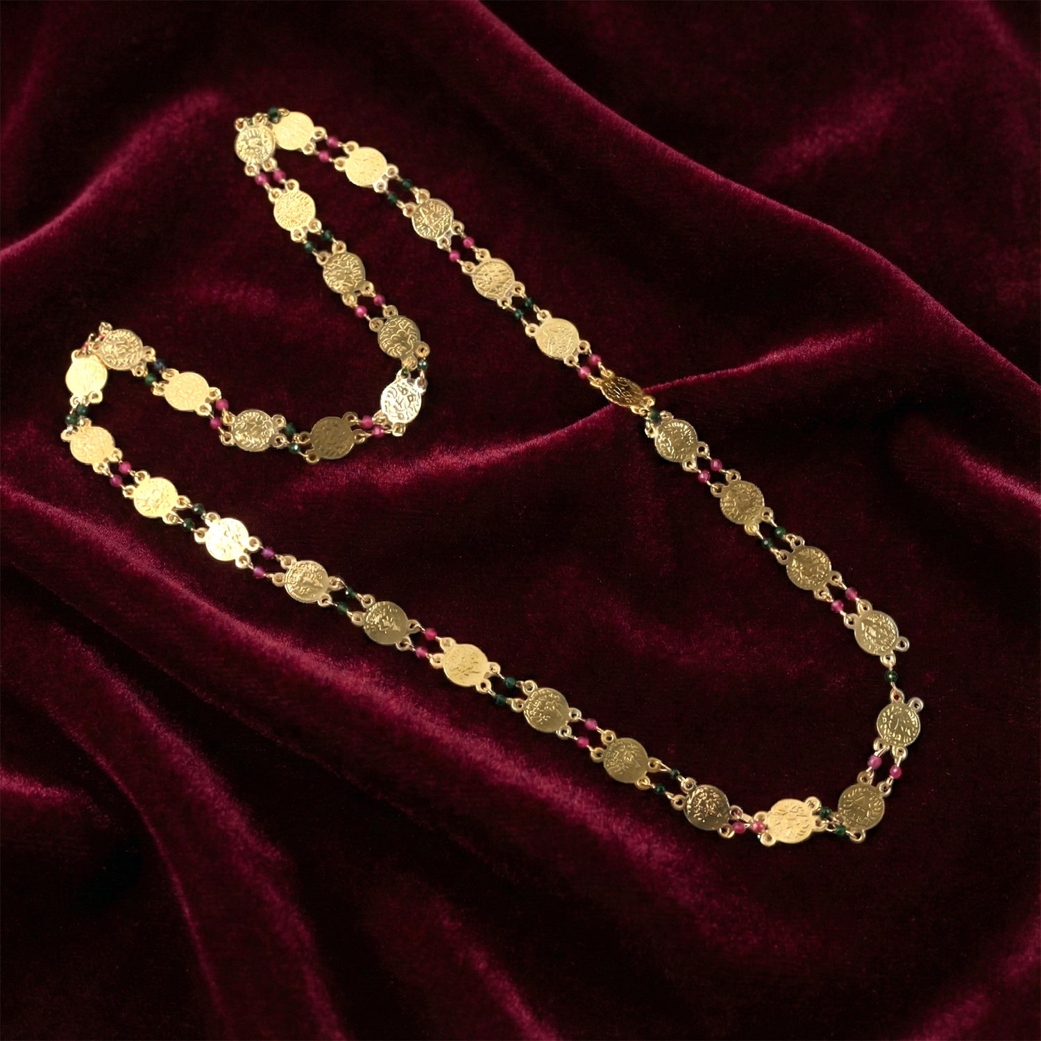 Gold Tone Coin Beaded Necklace – Traditional Ethnic Long Chain
