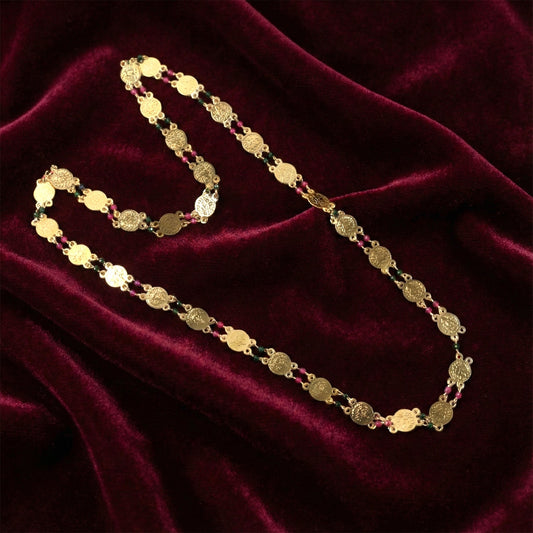 Gold Tone Coin Beaded Necklace – Traditional Ethnic Long Chain