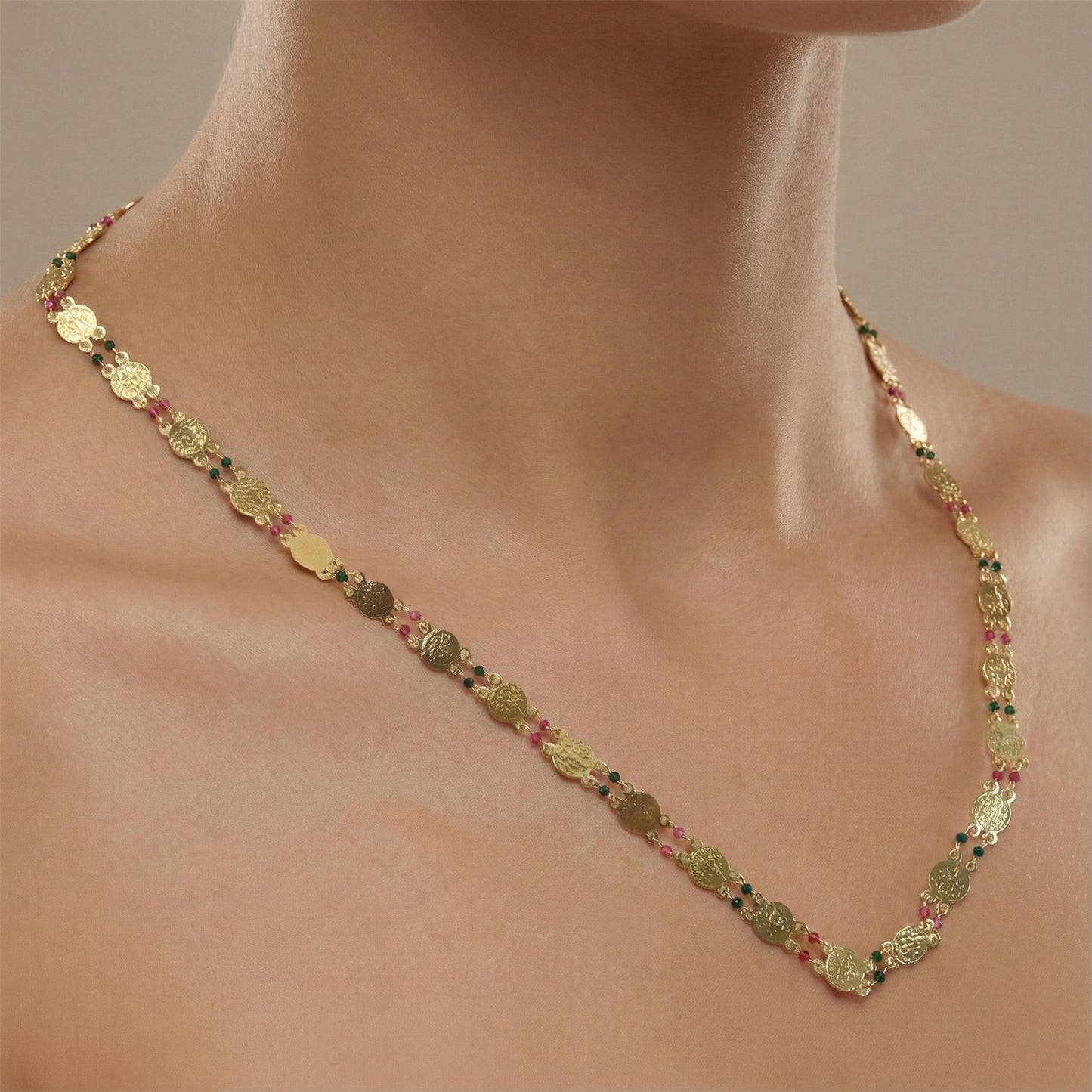 Traditional Gold-Tone Coin Beaded Necklace with Multicolor Accent Beads (1Pc)