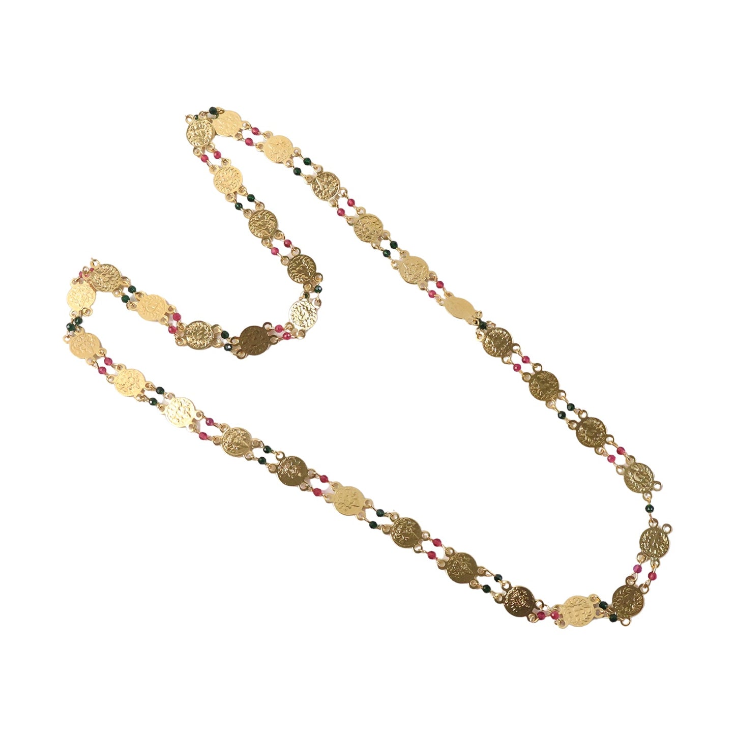 Gold Tone Coin Beaded Necklace – Traditional Ethnic Long Chain