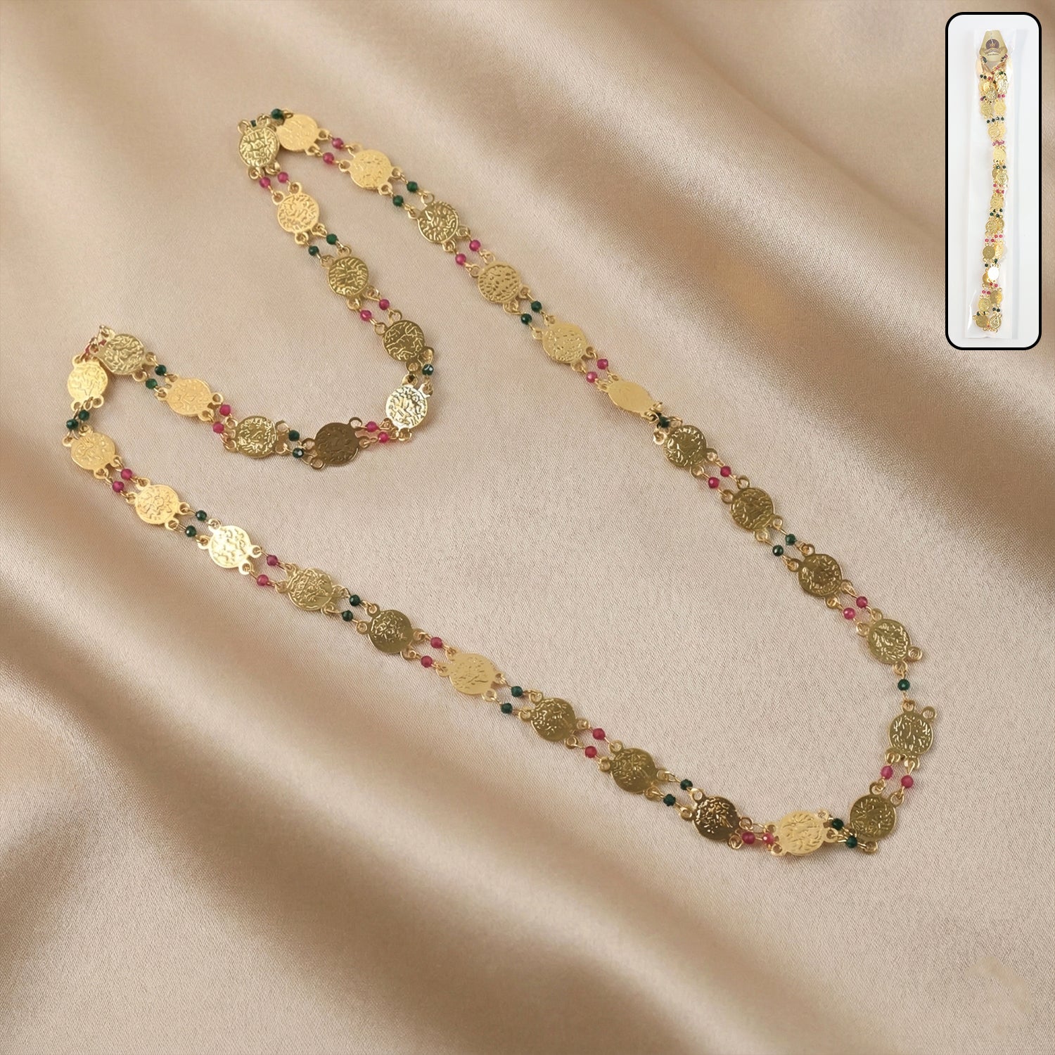 Gold Tone Coin Beaded Necklace – Traditional Ethnic Long Chain