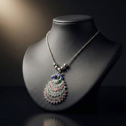 Antique Silver-Tone Peacock Design Oxidized Pendant Necklace (1 Pc)