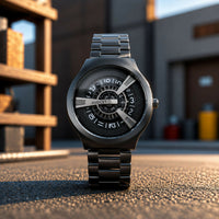 Black Round Metal Strap Analog Watch with Sporty Designer Dial