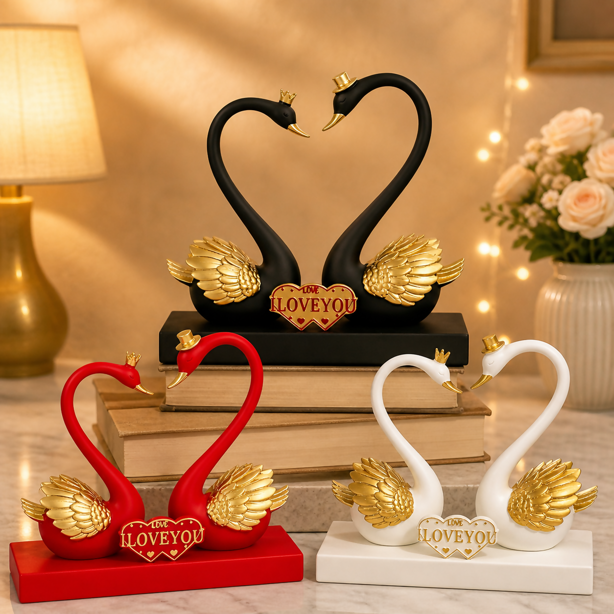 Romantic Swan Couple Showpiece with Love Plaque on Stable Base