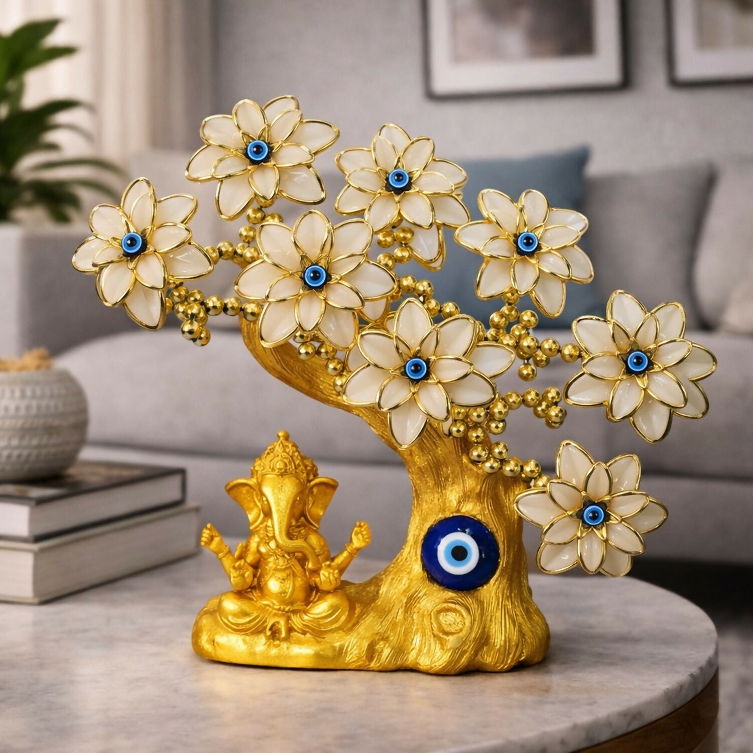 Golden Ganesha White Tree Showpiece with Evil Eye for Home Decor & Gift