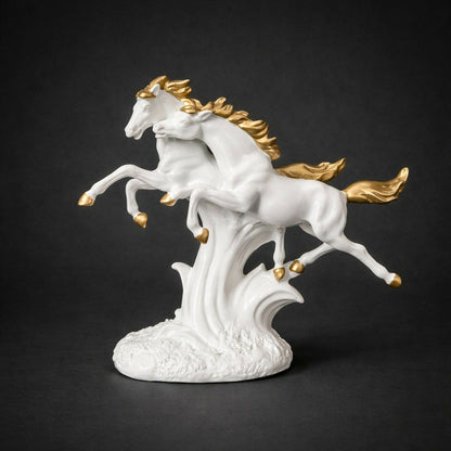 Running Horse Pair Showpiece for Home Decor | White & Gold Finish