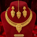Traditional Gold Plated Haram Necklace Set with Earrings and Maang Tikka for Women