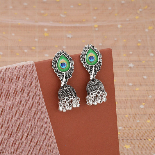 Oxidised Silver Jhumka Earrings Designed With Elegant Peacock Feather