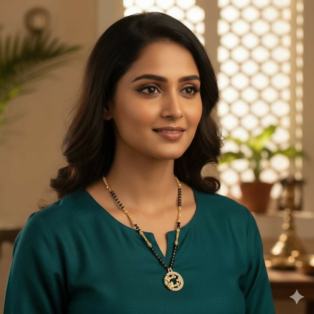 Gold-Plated AD Floral Circle Mangal sutra with Black Beads For women