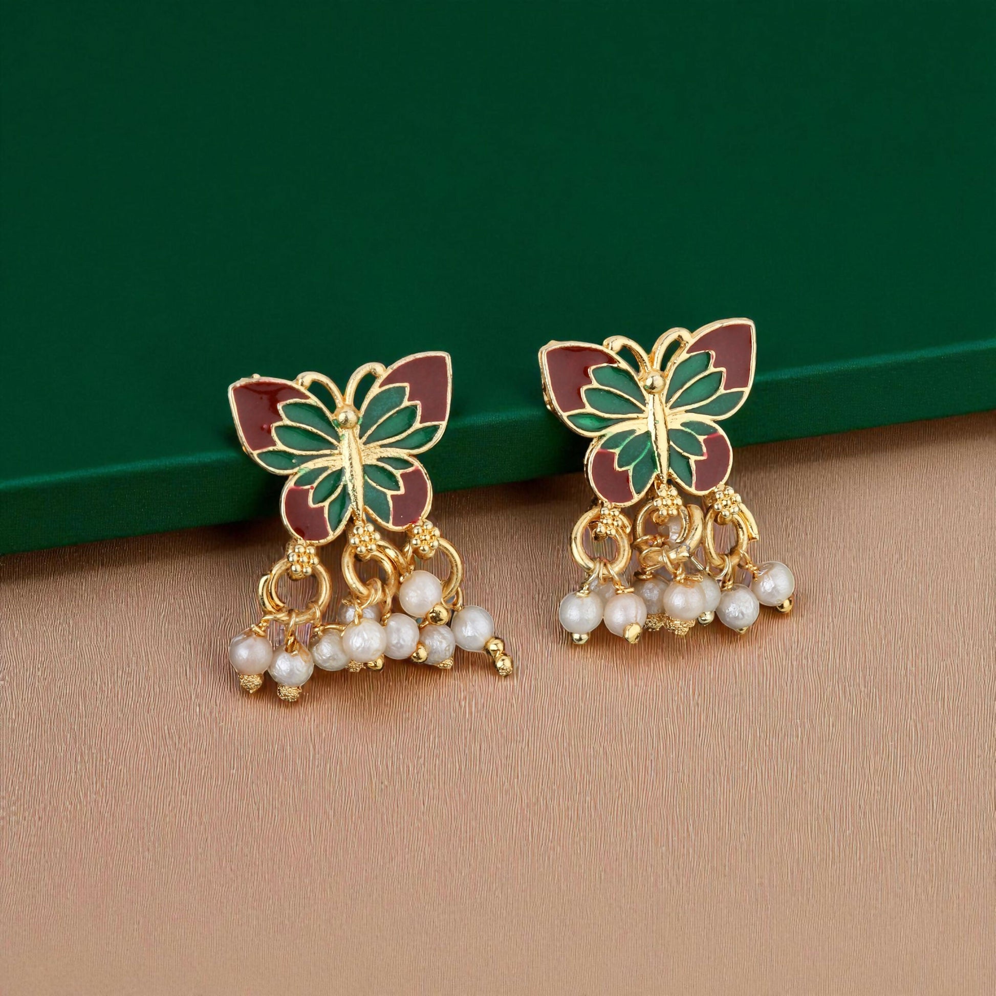 Gold-Plated Maroon & Green Enamel Butterfly Necklace Set with Pearl Drops