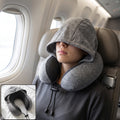 U Shaped Hooded Neck Pillow Grey Travel Pillow with Drawstring Hood (1 Pc)