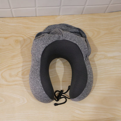 U Shaped Hooded Neck Pillow Grey Travel Pillow with Drawstring Hood (1 Pc)