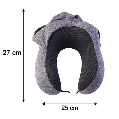 U Shaped Hooded Neck Pillow Grey Travel Pillow with Drawstring Hood (1 Pc)