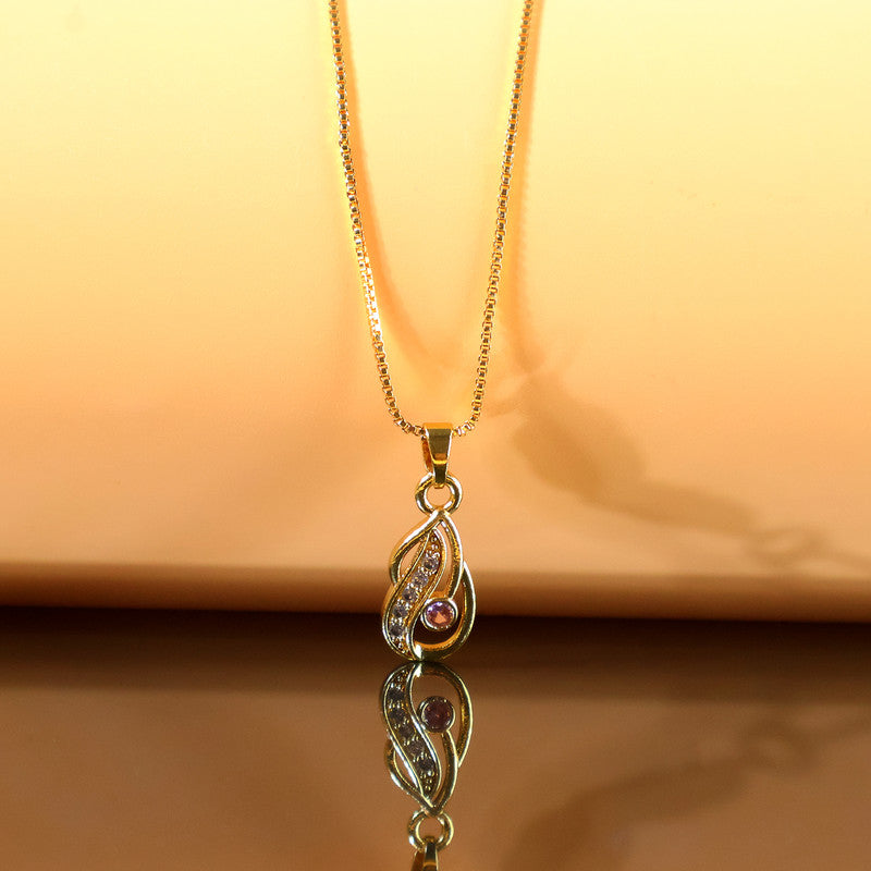 Gold-plated tear-drop pendant necklace with pink stone and crystal detailing