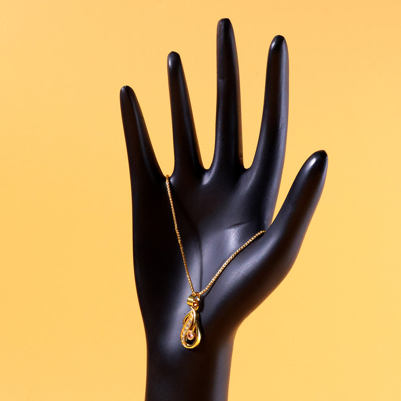 Elegant gold-plated tear-drop pendant necklace showcasing pink stone centerpiece