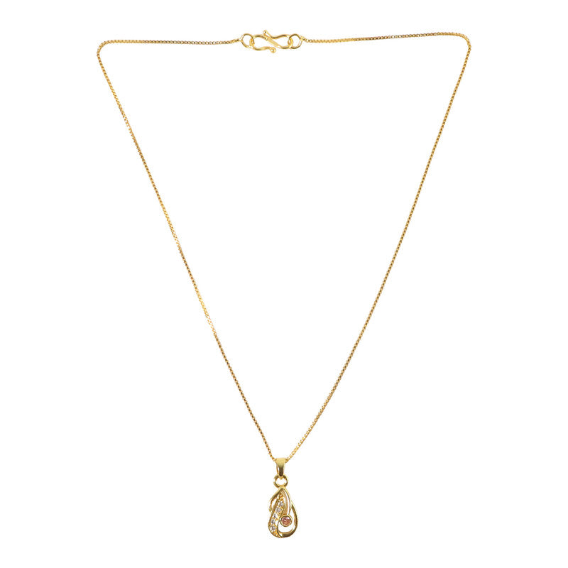Delicate gold-plated chain holding tear-drop pendant with pink stone and crystals