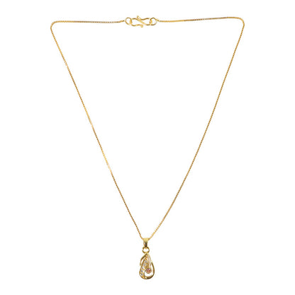 Delicate gold-plated chain holding tear-drop pendant with pink stone and crystals