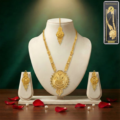Luxury Bridal Gold-Finish Long Necklace Set with Traditional Engraved Pendant