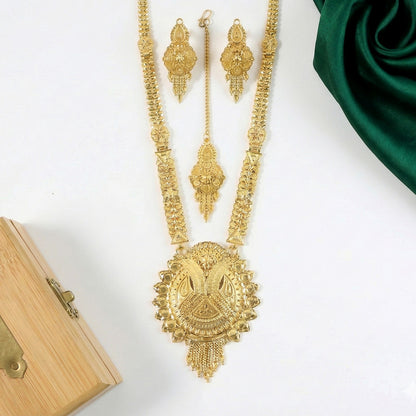 Luxury Bridal Gold-Finish Long Necklace Set with Traditional Engraved Pendant