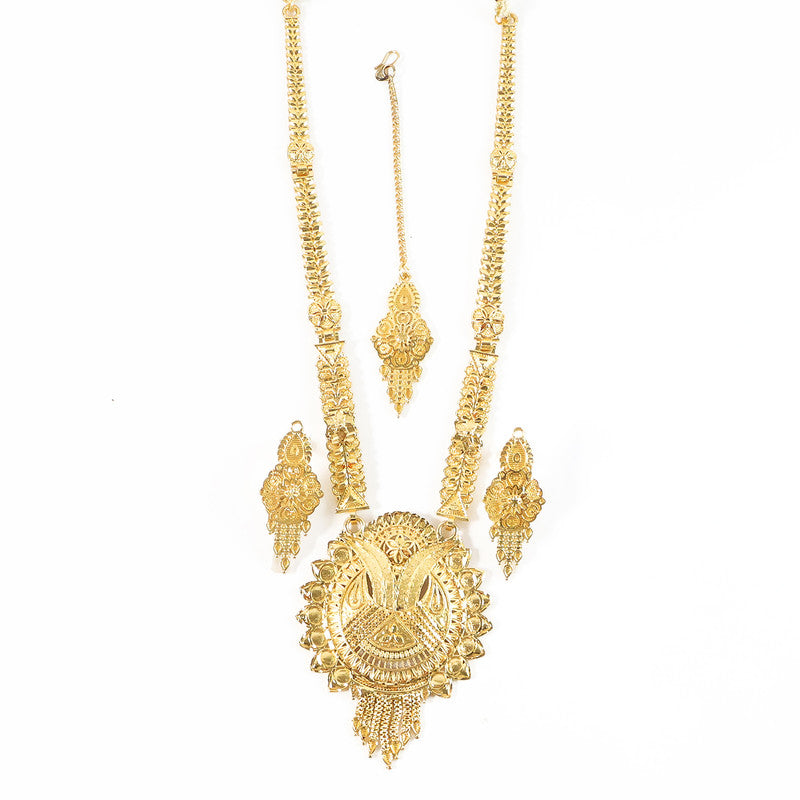 Luxury Bridal Gold-Finish Long Necklace Set with Traditional Engraved Pendant