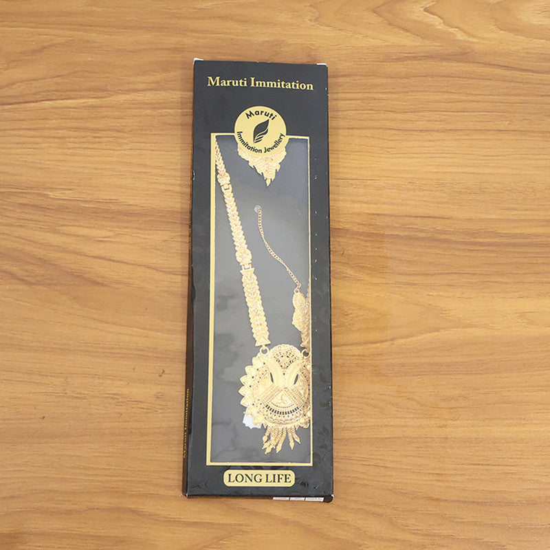 Luxury Bridal Gold-Finish Long Necklace Set with Traditional Engraved Pendant