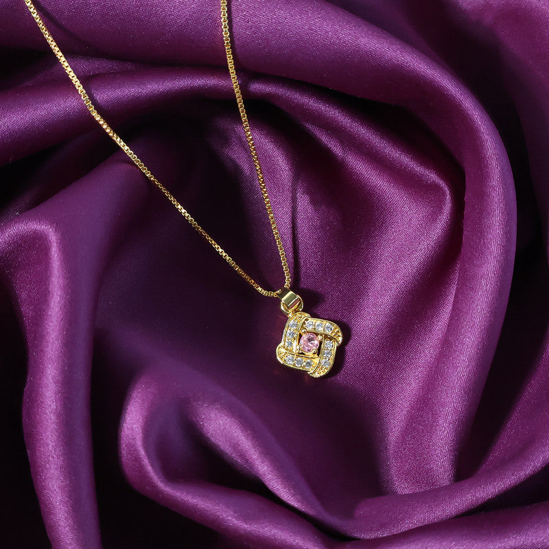 Square pendant necklace featuring a radiant pink stone center with sparkling crystals