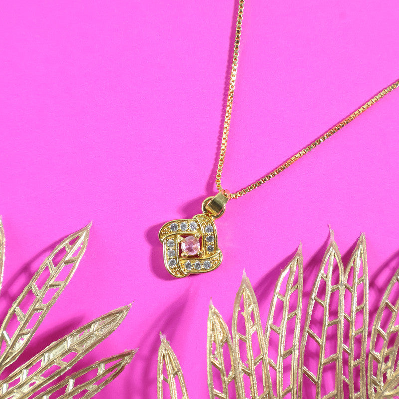 Elegant square pendant necklace with delicate pink stone center and shimmering crystals