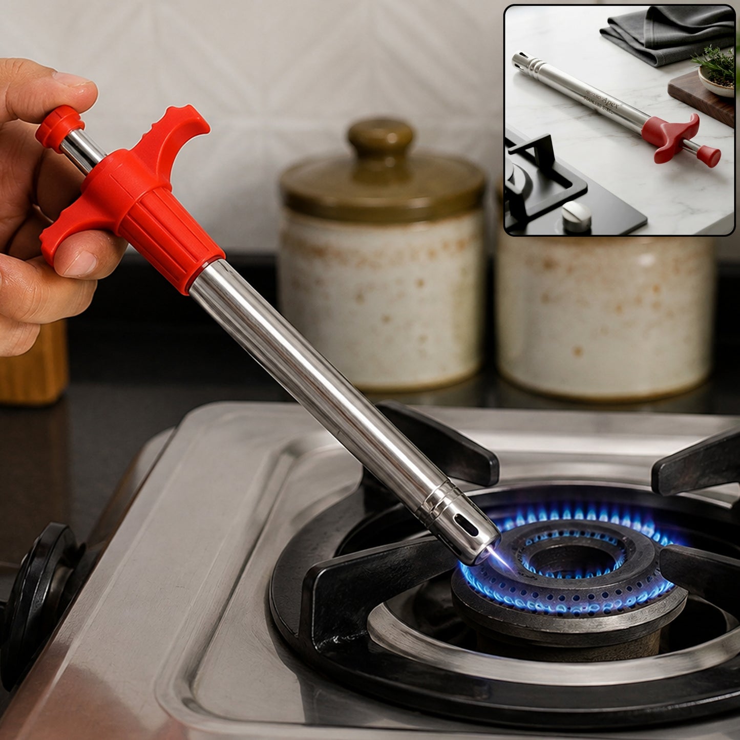 Apex Stainless Steel Gas Lighter with Trigger Grip for Kitchen Stove (1 Pc)