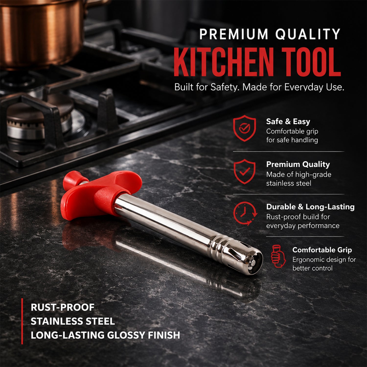Apex Stainless Steel Gas Lighter with Trigger Grip for Kitchen Stove (1 Pc)