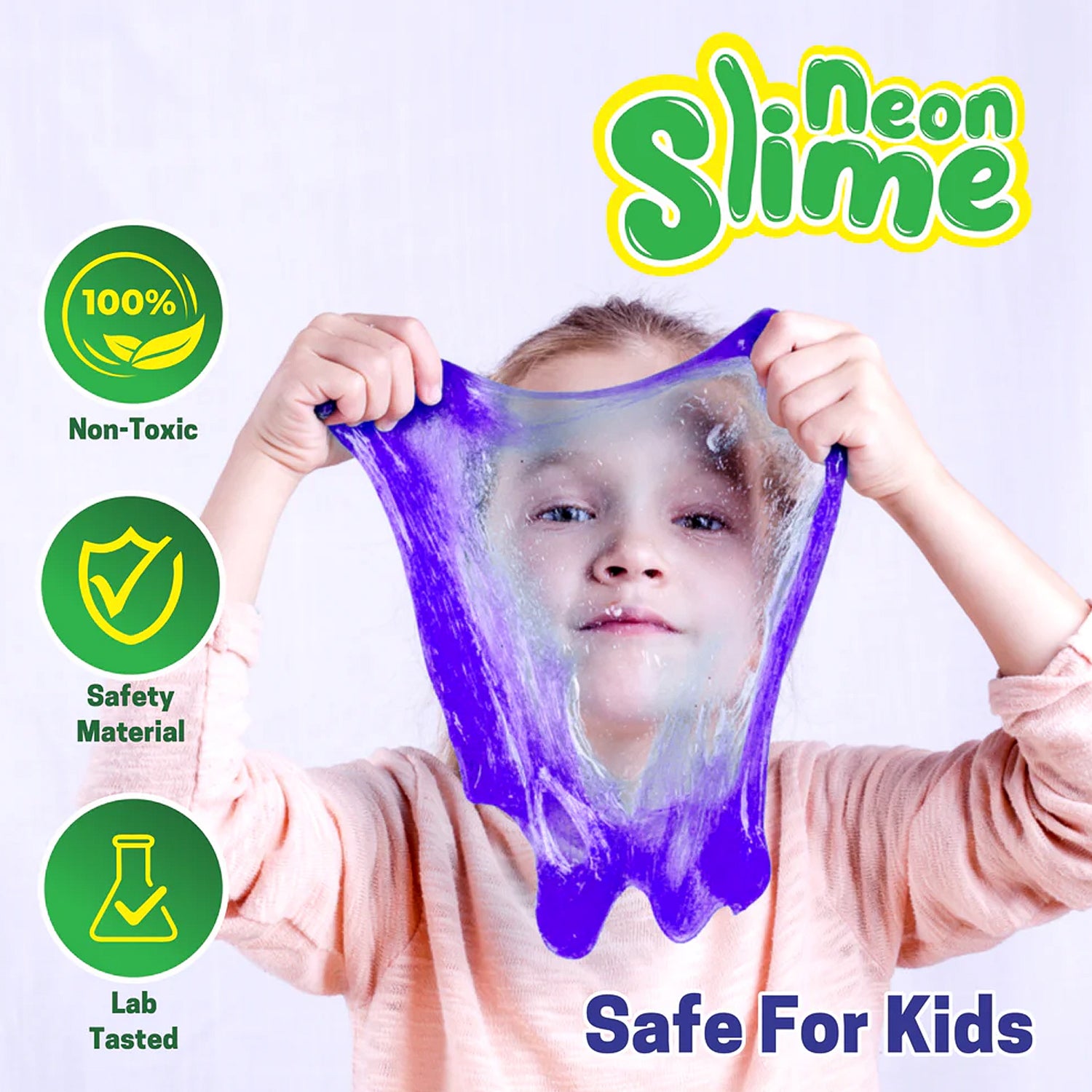 Child playing with neon glitter slime showing soft texture