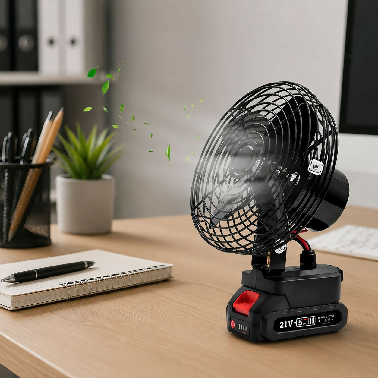 Compact rechargeable table fan angled for airflow