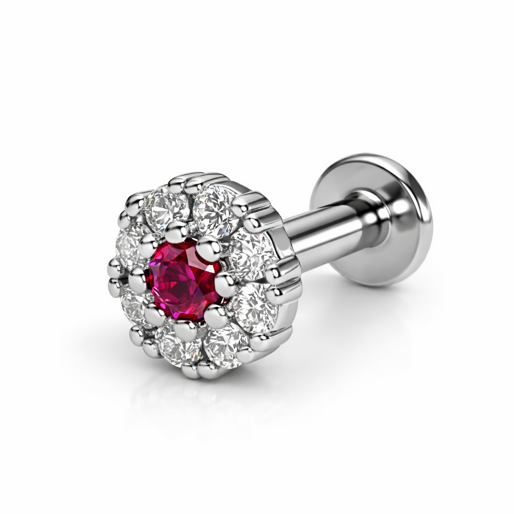 Front view of silver plated ruby and diamond halo flower earring with comfortable flat back