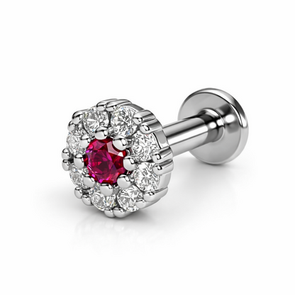 Front view of silver plated ruby and diamond halo flower earring with comfortable flat back